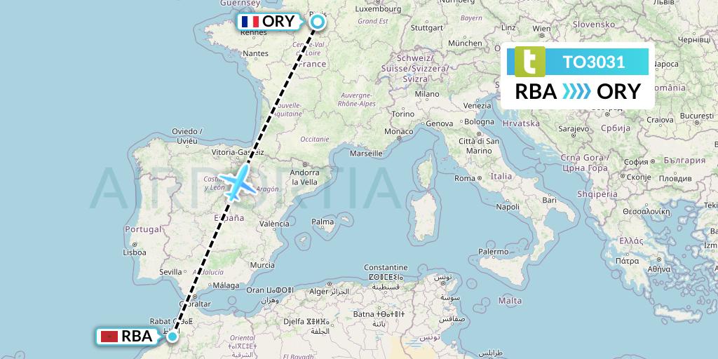 TO3031 Transavia France Flight Map: Rabat to Paris