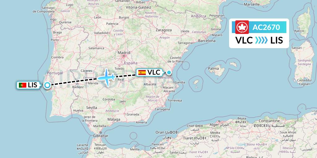 AC2670 Air Canada Flight Map: Valencia to Lisbon