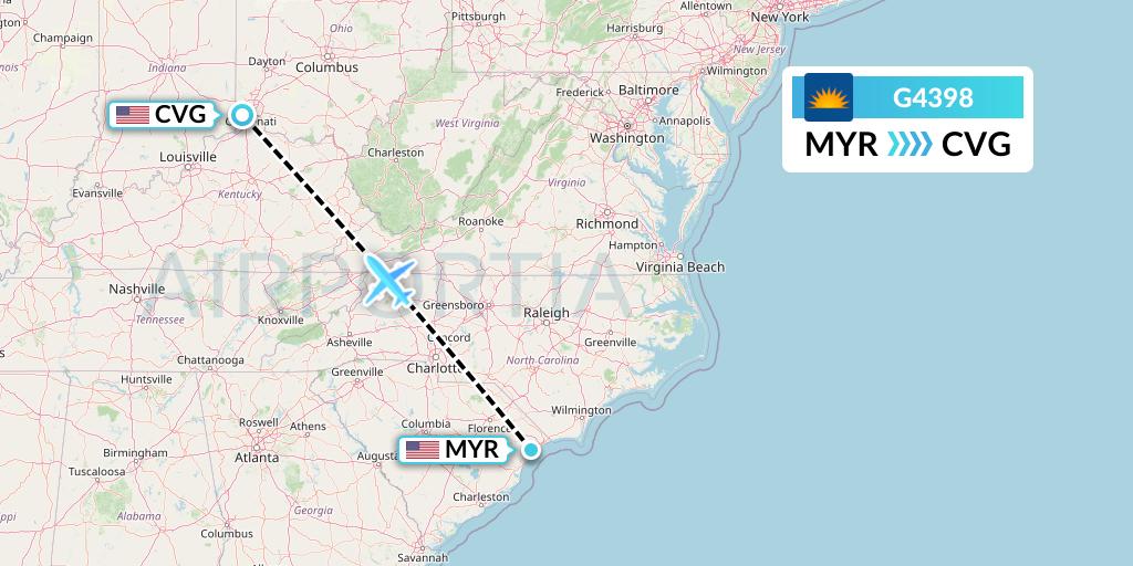 G4398 Allegiant Air Flight Map: Myrtle Beach to Cincinnati