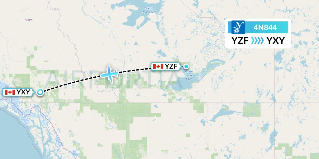 4N844 Air North Flight Map: Yellowknife to Whitehorse