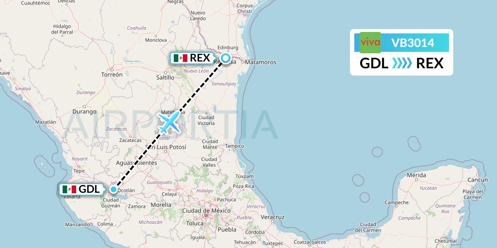VB3014 VivaAerobus Flight Map: Guadalajara to Reynosa