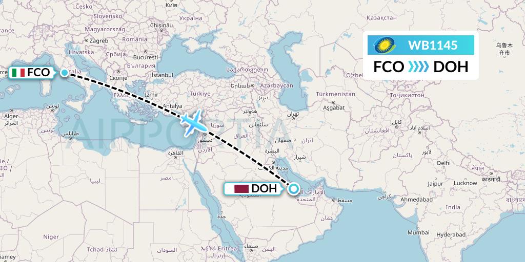 WB1145 RwandAir Flight Map: Rome to Doha