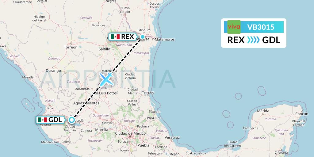 VB3015 VivaAerobus Flight Map: Reynosa to Guadalajara