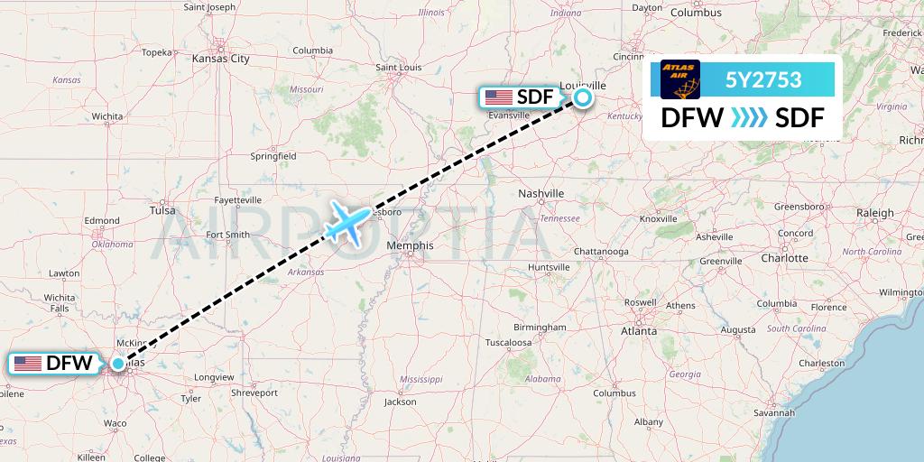 5Y2753 Atlas Air Flight Map: Dallas to Louisville