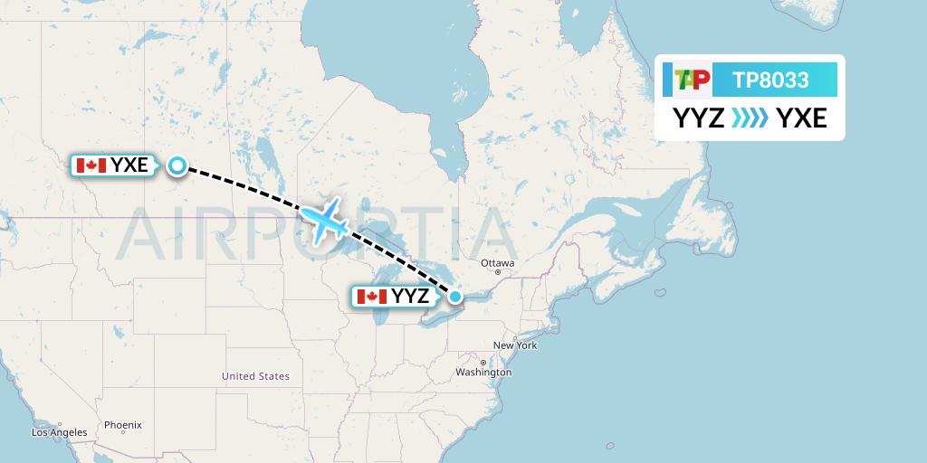 TP8033 TAP Portugal Flight Map: Toronto to Saskatoon