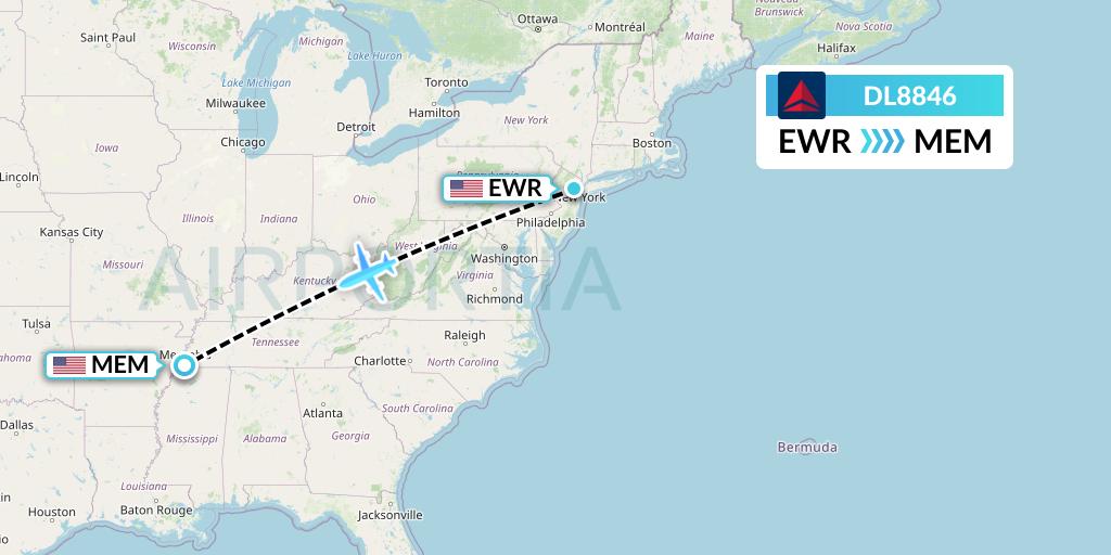 DL8846 Delta Air Lines Flight Map: New York to Memphis