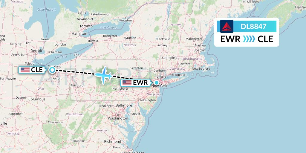 DL8847 Delta Air Lines Flight Map: New York to Cleveland