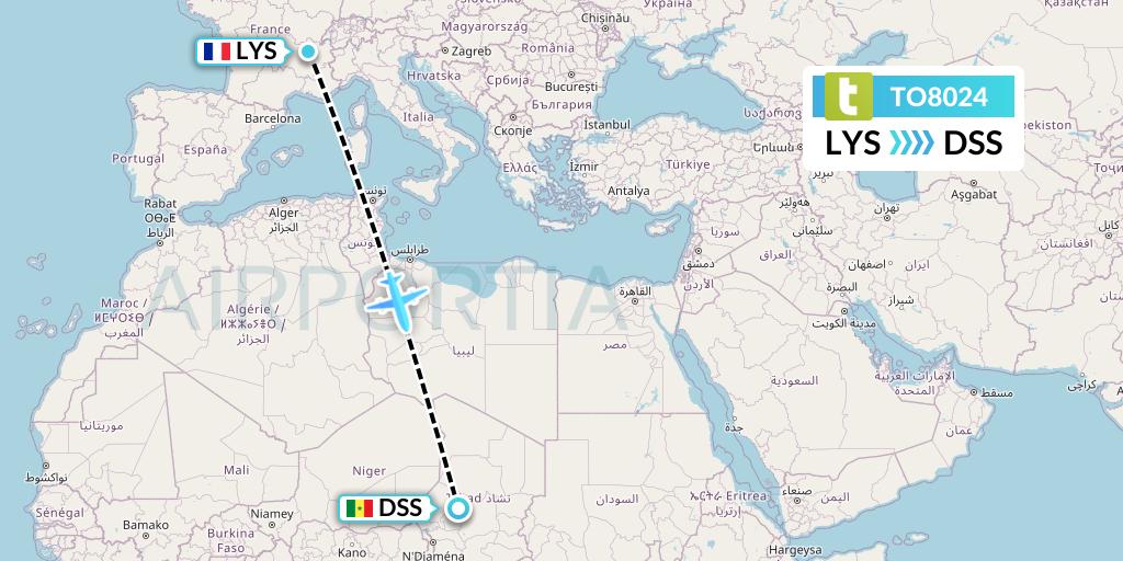 TO8024 Transavia France Flight Map: Lyon to Dakar