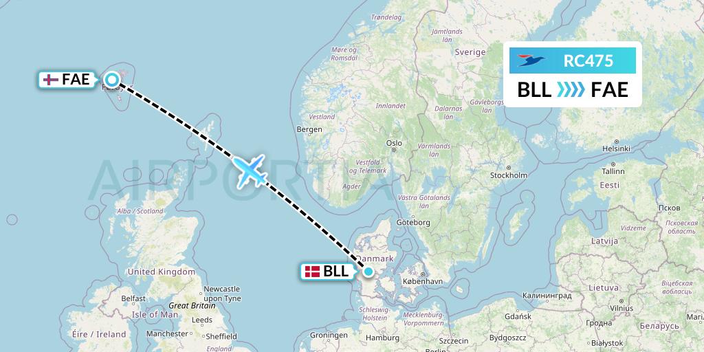 RC475 Atlantic Airways Flight Map: Billund to Vagar