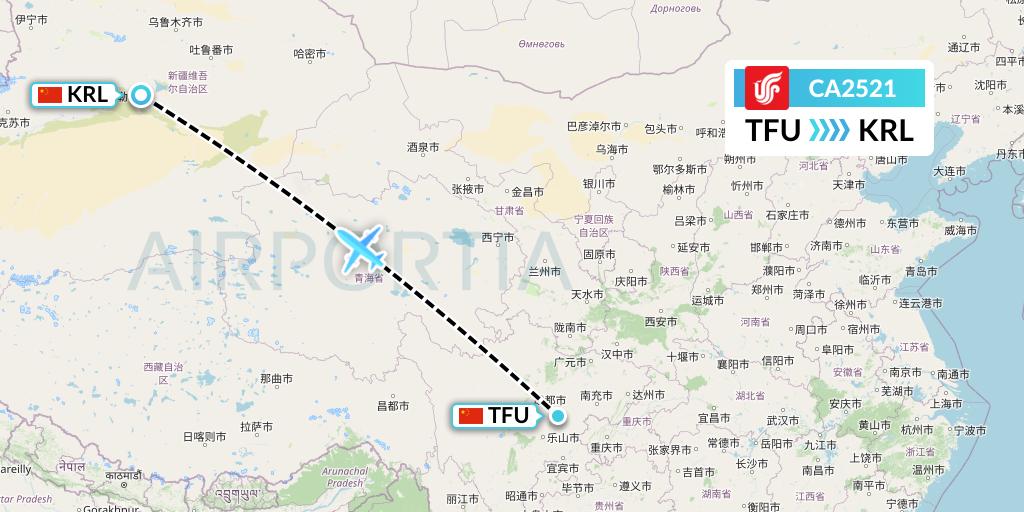 CA2521 Air China Flight Map: Chengdu to Korla