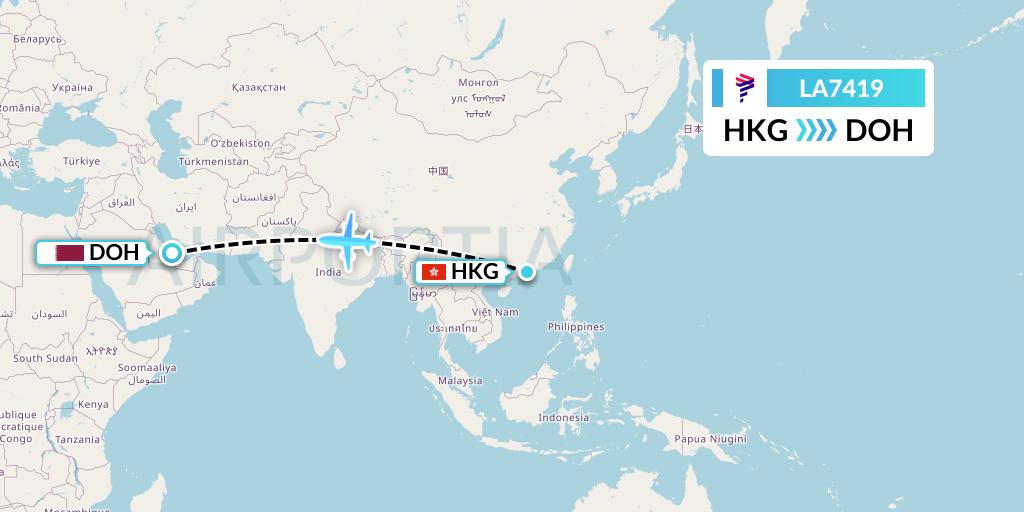 LA7419 LAN Airlines Flight Map: Hong Kong to Doha