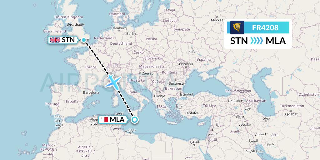 FR4208 Ryanair Flight Map: London to Malta