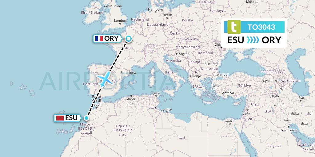 TO3043 Transavia France Flight Map: Essaouira to Paris