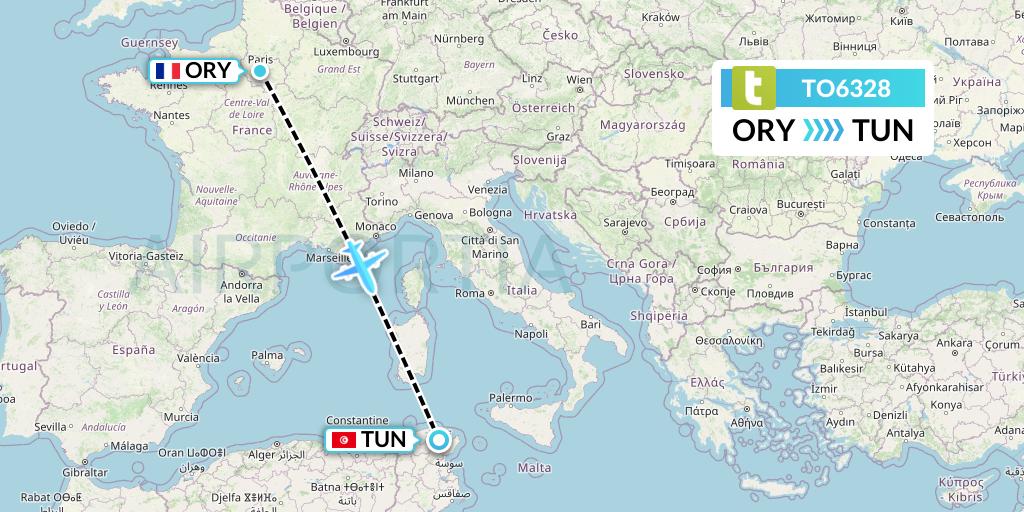 TO6328 Transavia France Flight Map: Paris to Tunis