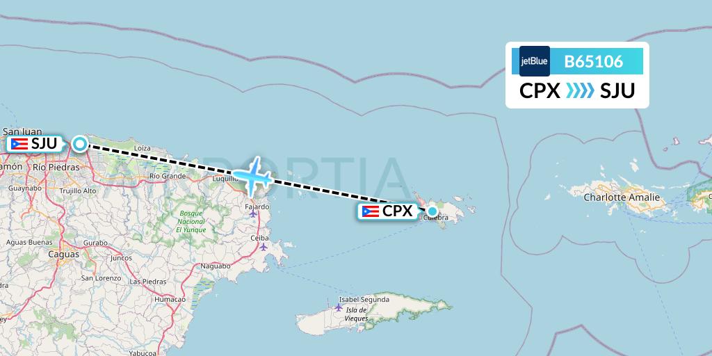 B65106 JetBlue Airways Flight Map: Isla De Culebra to San Juan