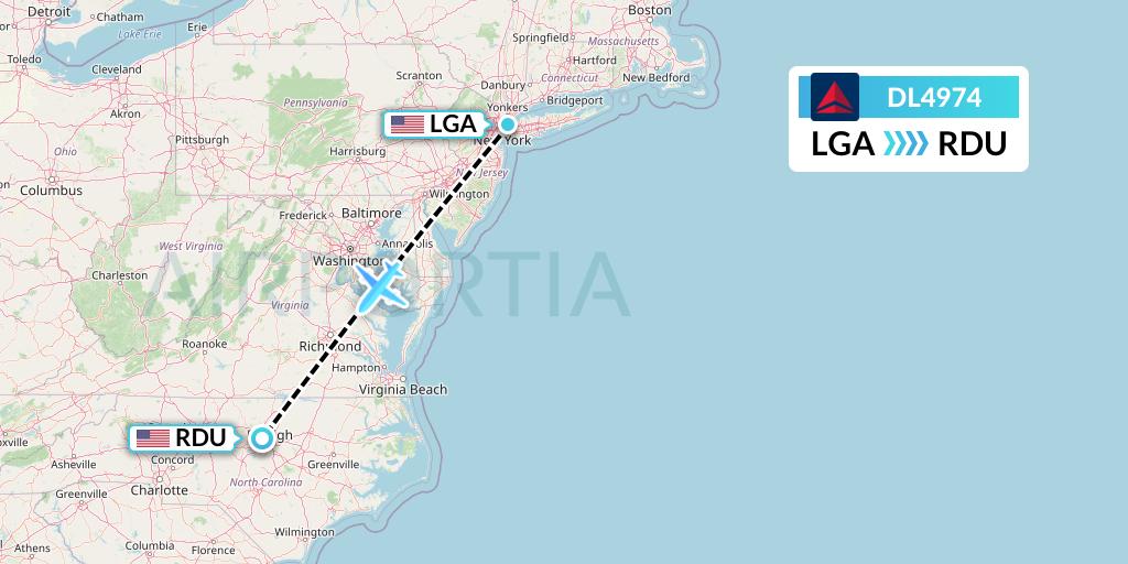 DL4974 Delta Air Lines Flight Map: New York to Raleigh-Durham