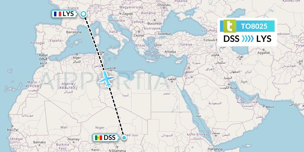 TO8025 Transavia France Flight Map: Dakar to Lyon