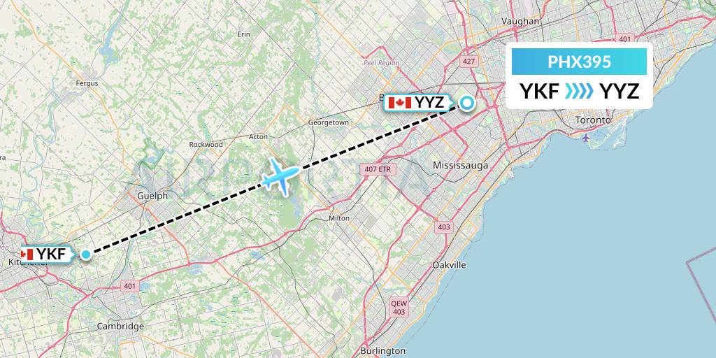 PHX395 SkyCare Flight Map: Waterloo to Toronto