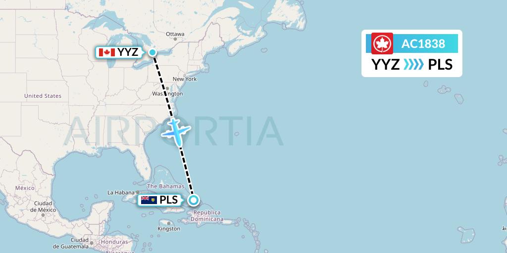 AC1838 Air Canada Flight Map: Toronto to Providenciales