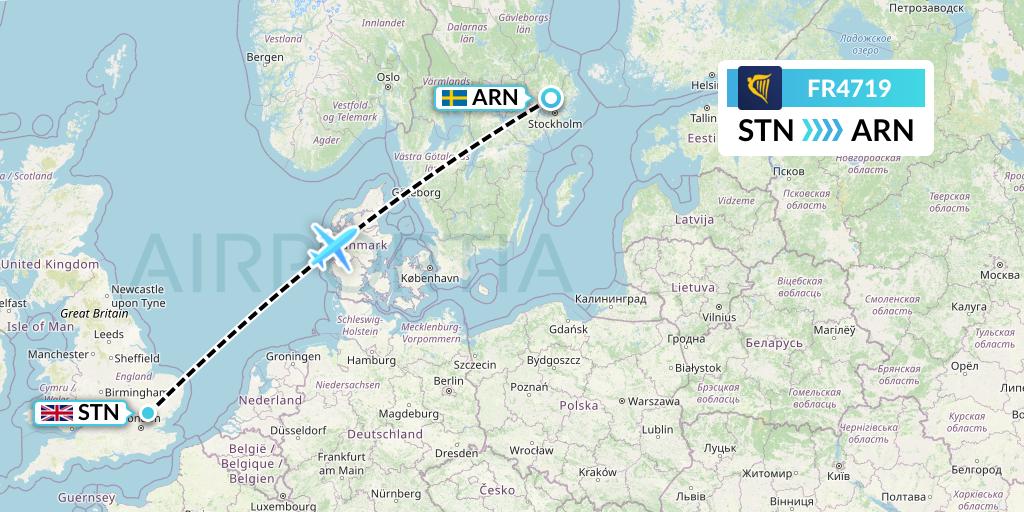 FR4719 Ryanair Flight Map: London to Stockholm