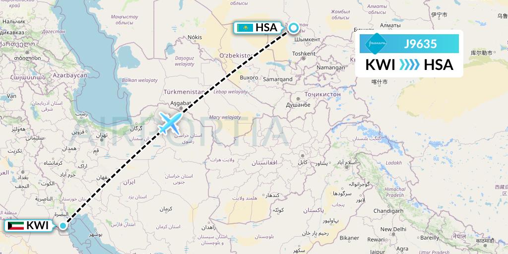 J9635 Jazeera Airways Flight Map: Kuwait City to Shymkent
