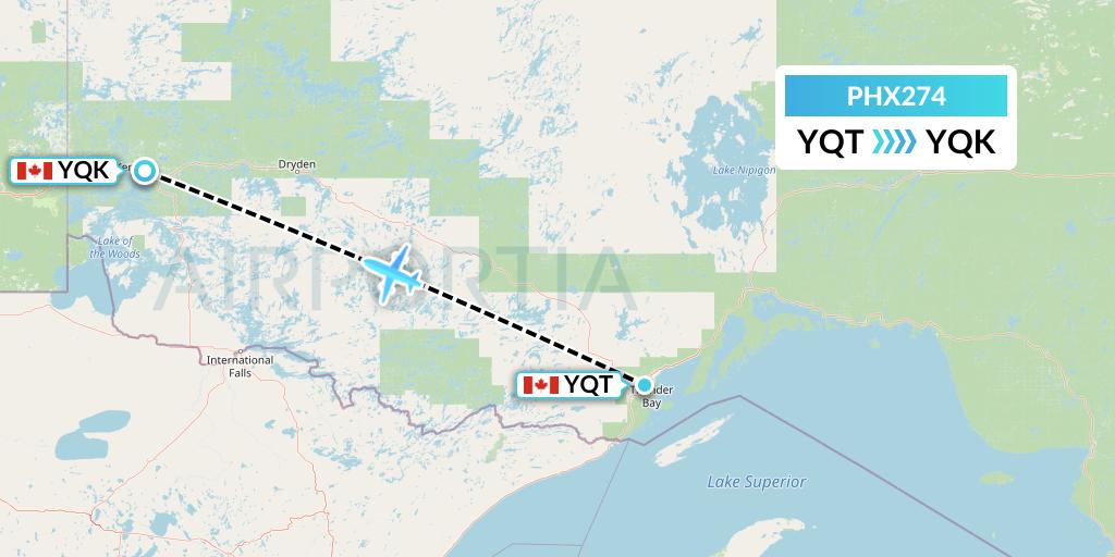 PHX274 SkyCare Flight Map: Thunder Bay to Kenora
