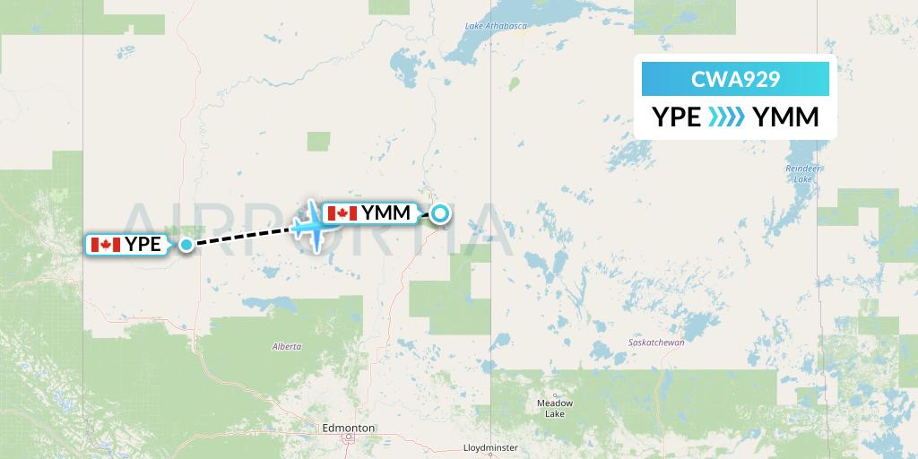 CWA929 Can West Corporate Air Charters Ltd. Flight Map: Peace River to Fort McMurray