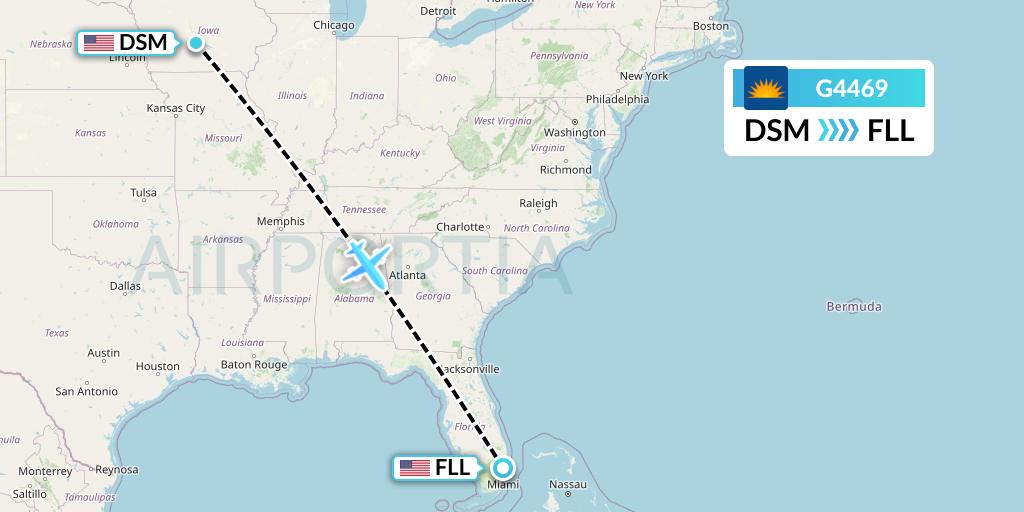 G4469 Allegiant Air Flight Map: Des Moines to Fort Lauderdale