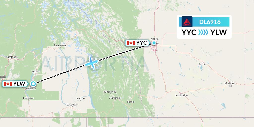 DL6916 Delta Air Lines Flight Map: Calgary to Kelowna
