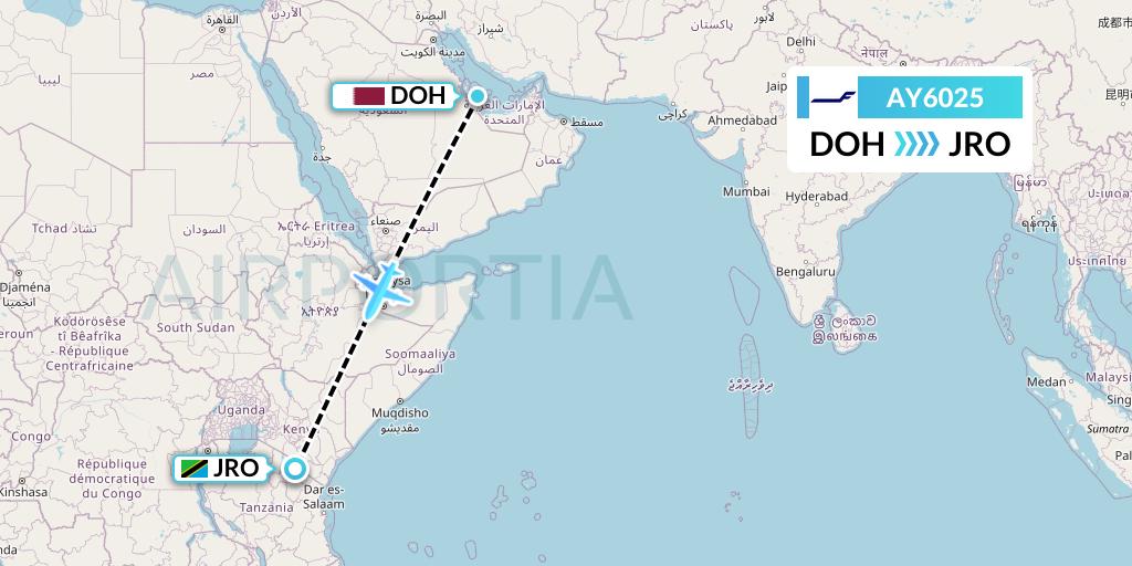 AY6025 Finnair Flight Map: Doha to Kilimanjaro
