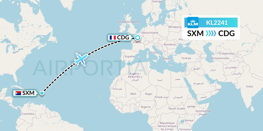 KL2241 KLM Flight Map: Sint Maarten to Paris