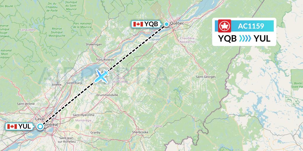 AC1159 Air Canada Flight Map: Quebec to Montreal