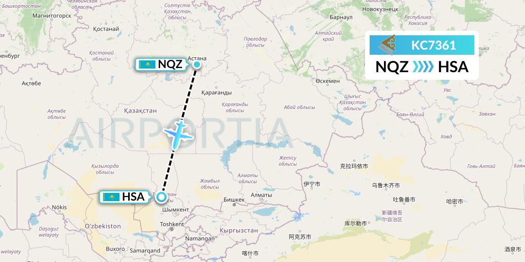 KC7361 Air Astana Flight Map: Astana to Shymkent