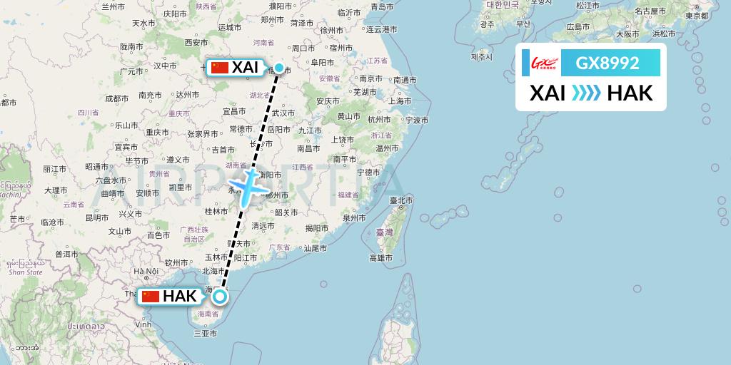 GX8992 GX Airlines Flight Map: Xinyuan to Haikou