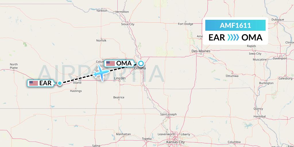AMF1611 Ameriflight Flight Map: Kearney to Omaha