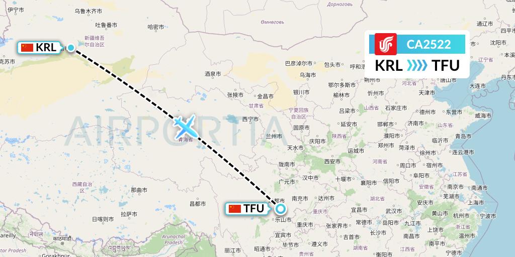 CA2522 Air China Flight Map: Korla to Chengdu