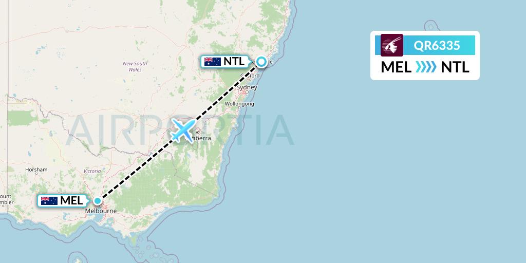 QR6335 Qatar Airways Flight Map: Melbourne to Newcastle