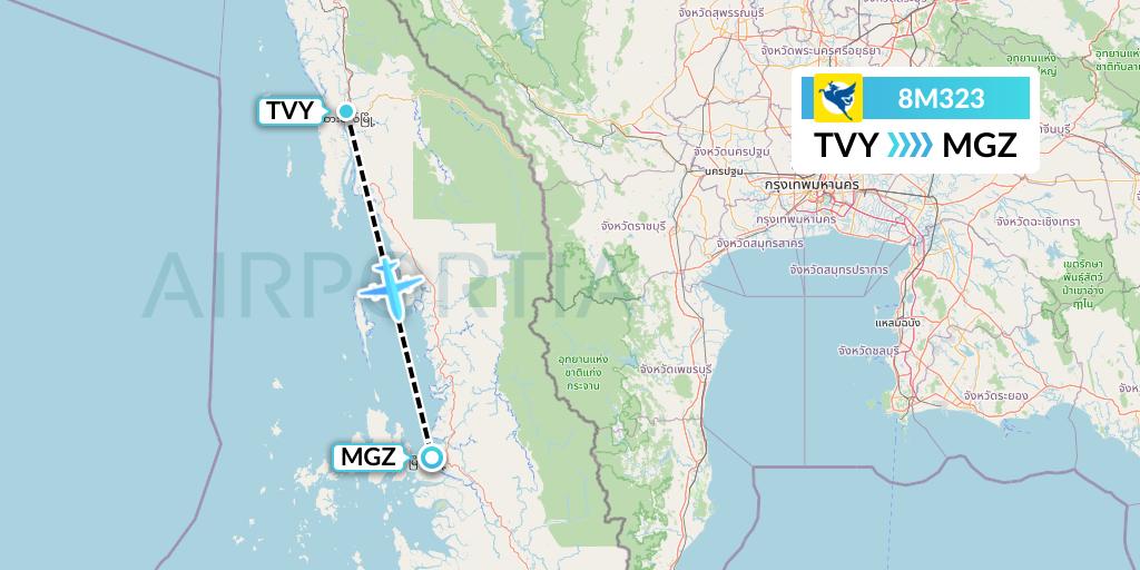 8M323 Myanmar Airways International Flight Map: Dawei to Myeik