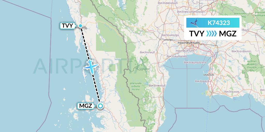 K74323 Air KBZ Flight Map: Dawei to Myeik