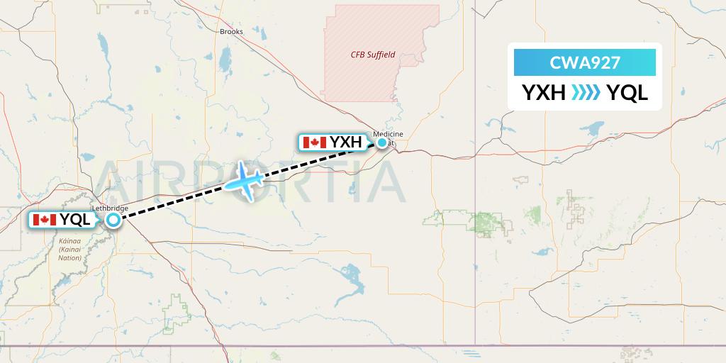 CWA927 Can West Corporate Air Charters Ltd. Flight Map: Medicine Hat to Lethbridge