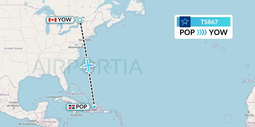 TS867 Air Transat Flight Map: Puerto Plata to Ottawa