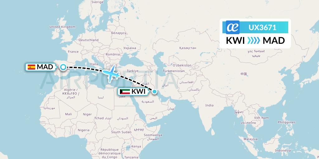 UX3671 Air Europa Flight Map: Kuwait City to Madrid