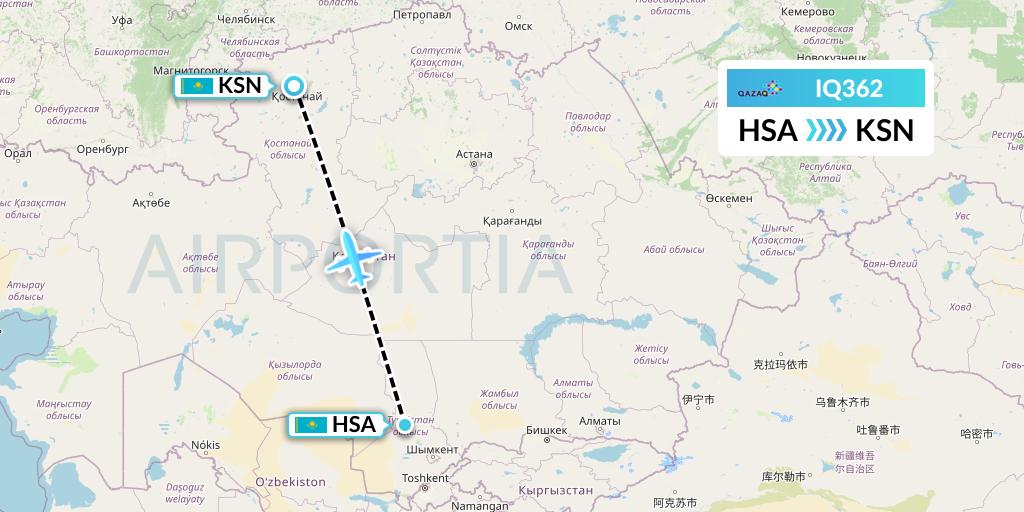 IQ362 Qazaq Air Flight Map: Shymkent to Kostanay