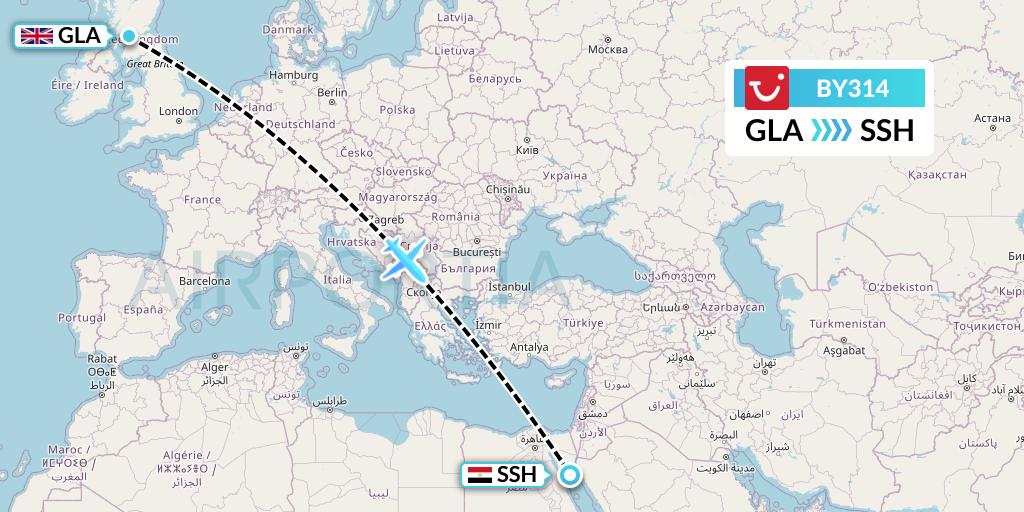 BY314 TUI Airways Flight Map: Glasgow to Sharm el-Sheikh