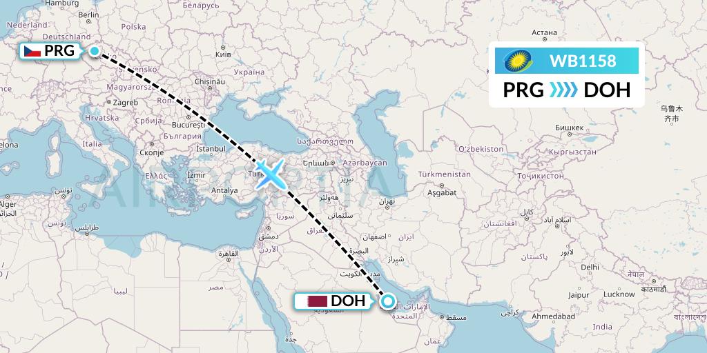 WB1158 RwandAir Flight Map: Prague to Doha