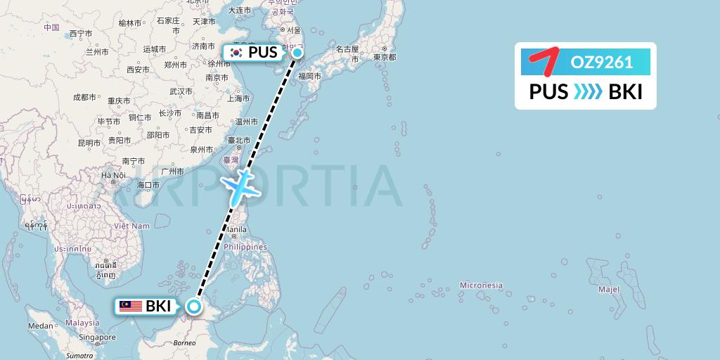 OZ9261 Asiana Airlines Flight Map: Busan to Kota Kinabalu
