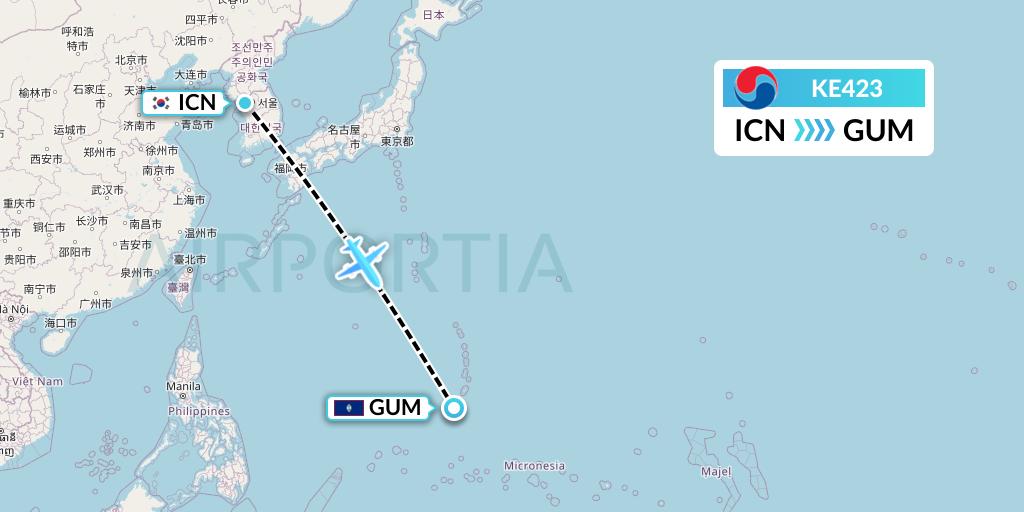 KE423 Korean Air Flight Map: Seoul to Guam
