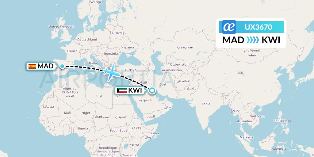 UX3670 Air Europa Flight Map: Madrid to Kuwait City