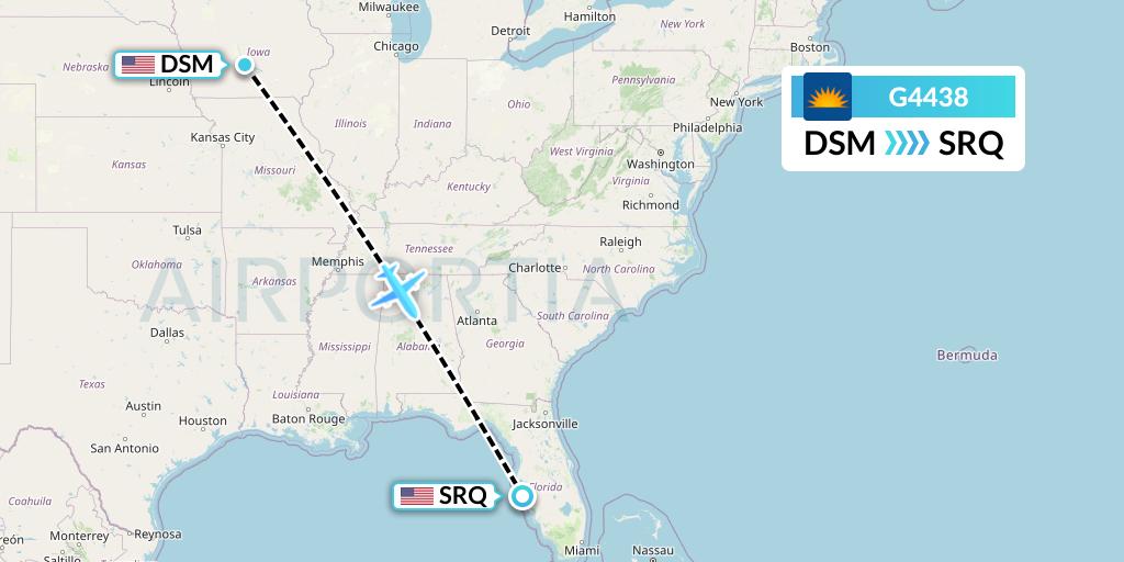 G4438 Allegiant Air Flight Map: Des Moines to Sarasota