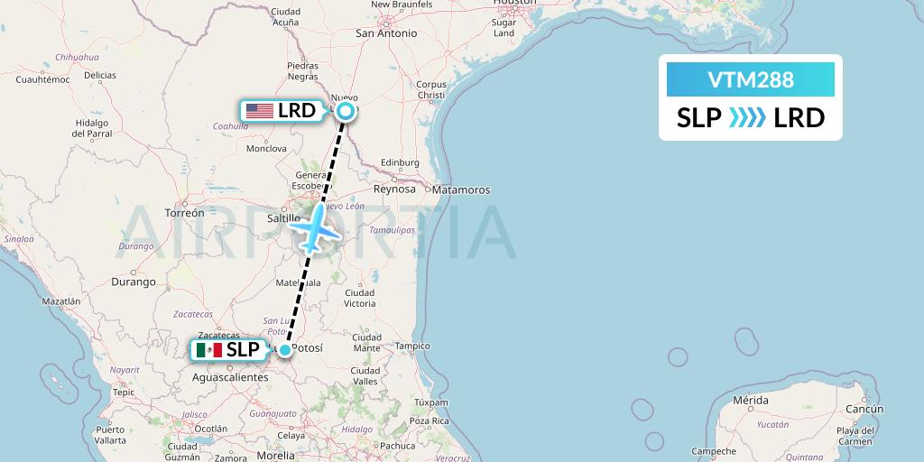 VTM288 Aeronaves TSM Flight Map: San Luis Potosi to Laredo